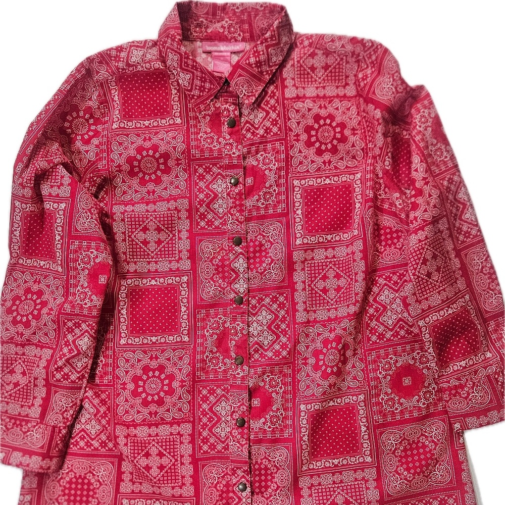 Woman‎ Within Shirt Womens Plus M Red Paisley Bandana Long Sleeve Button Top